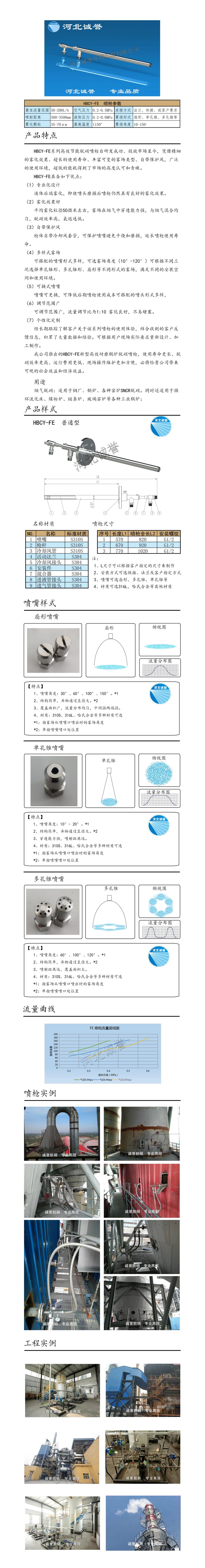 氨水喷枪、保护套、喷枪参数、材质尺寸、流量分布图、扇形空心锥俯视图介绍，以及喷枪雾化视频展示和工程案例介绍
